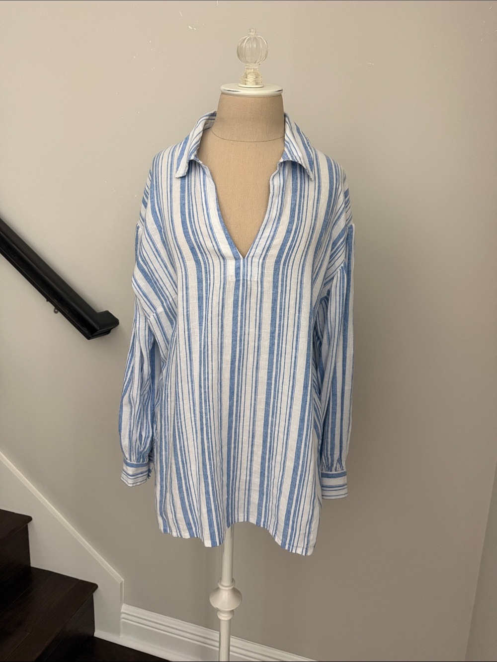 Cabi Striped Pacific Blue and White V-Neck Tunic Top